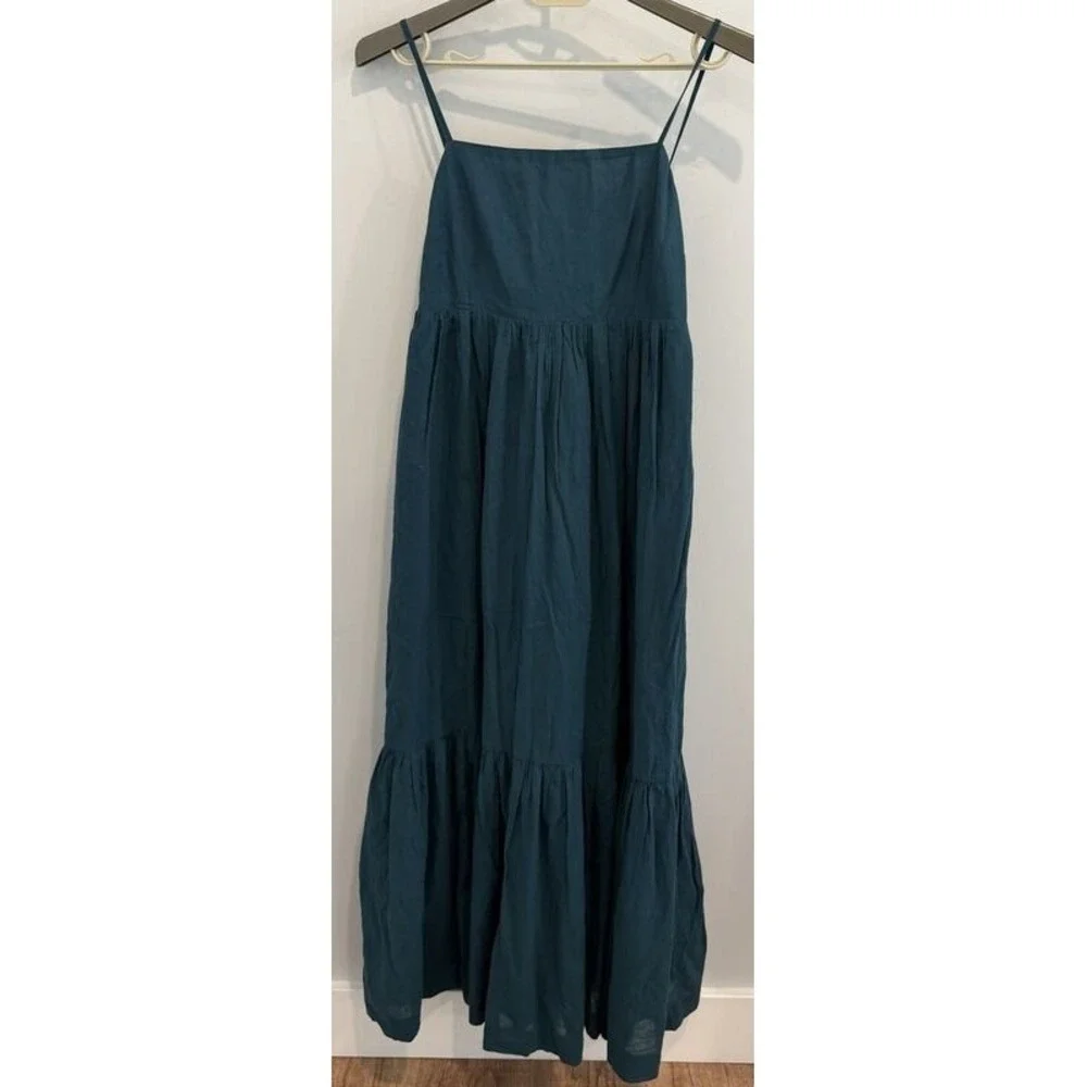Abercrombie & Fitch Tiered Maxi Dress M Blue Poplin Sundress Pockets 100% Cotton